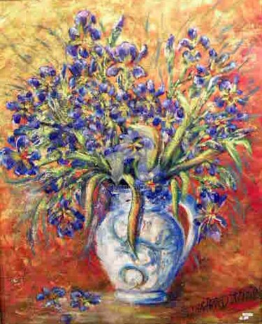 Peinture intitulée "IRIS BLEU POT" par Edward Misiaszek, Œuvre d'art originale, Huile