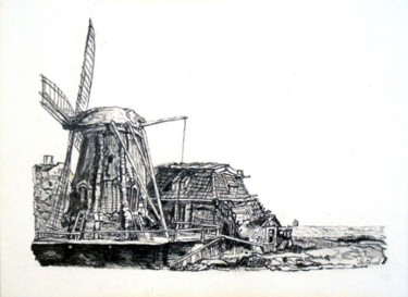 Copie d un Moulin à vent par Rembrandt Mine de plomb sur papier canson blanc Dibujo titulada "Copie d un Moulin à…" por Daniel Lutaud, Obra de arte original, Otro