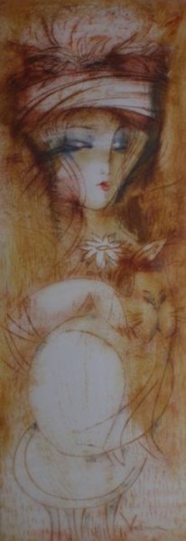 Cat and flowers 绘画 标题为“Cat and flowers” 由Oksana Veber, 原创艺术品, 油 安装在纸板上