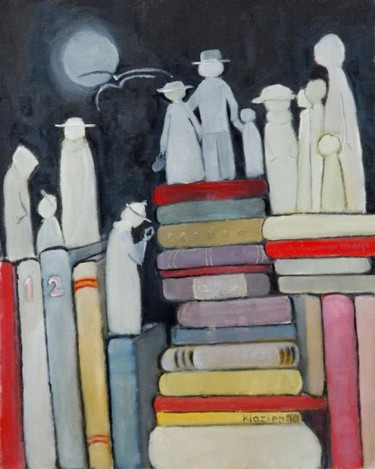 Malerei mit dem Titel "World of Old Books" von Klazien De Vries, Original-Kunstwerk