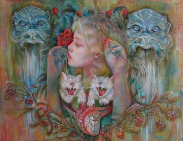 Painting titled ""Aaaa...kotki dwa"-…" by Sylwia Gondeck, Original Artwork, Oil