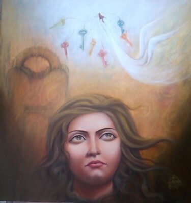 Painting titled "UNLOCKING INNERSELF" by Suddha Sama, Original Artwork, Oil Mounted on Wood Stretcher frame