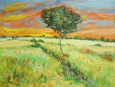 Painting titled "Sunset Noida Fields" by Animesh Roy, Original Artwork, Acrylic