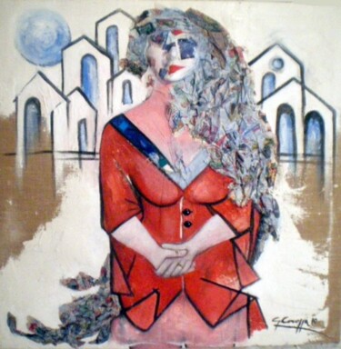 Pittura intitolato "la signora in rosso" da Geremia Cocozza, Opera d'arte originale, Olio