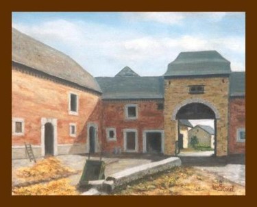 Painting titled "Cour de ferme  (Lin…" by Lou Streel, Original Artwork, Oil