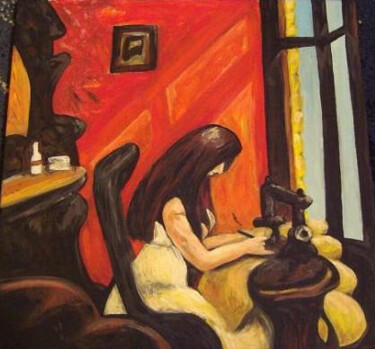Malerei mit dem Titel "Sewing II., Die Näh…" von Peggy Hamfler, Original-Kunstwerk, Öl