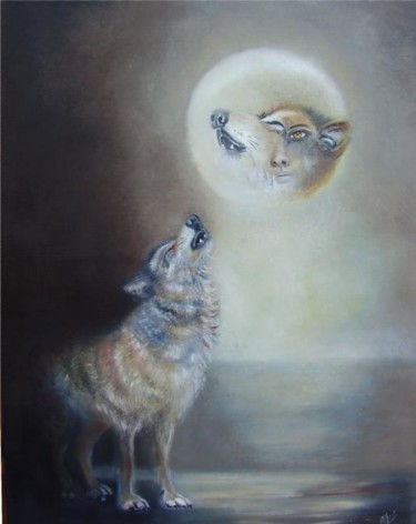 Peinture intitulée "MOONWOLF" par Alix, Œuvre d'art originale, Huile