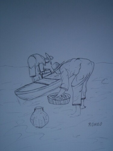 Desenho intitulada "PESCADORES DE CANOA" por Romeo Zanchett, Obras de arte originais