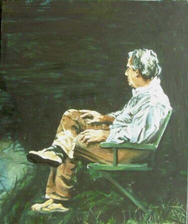 Schilderij getiteld "Man in green garden…" door Hilde Plessers, Origineel Kunstwerk