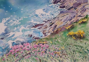 Vers la pointe Saint-Mathieu, les arméries en fleurs Peinture intitulée "Vers la pointe Sain…" par Claude Marchalot, Œuvre d'art originale, Huile