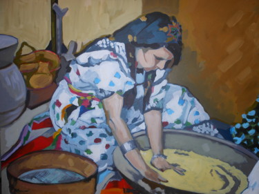 Femme kabyle préparant a manger Peinture intitulée "Femme kabyle prépar…" par Rahmouna Boudjellal, Œuvre d'art originale