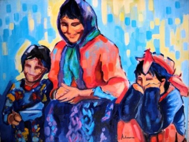 La veuve et ses filles Peinture intitulée "La veuve et ses fil…" par Rahmouna Boudjellal, Œuvre d'art originale