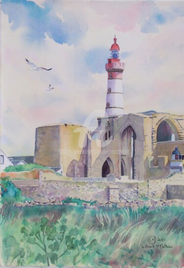 L'abbaye et le phare de la pointe Saint Mathieu Peinture intitulée "L'abbaye et le phar…" par Claude Marchalot, Œuvre d'art originale, Aquarelle