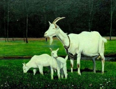 Schilderij getiteld "Geit met lammetjes" door Paul Gosselin, Origineel Kunstwerk, Olie