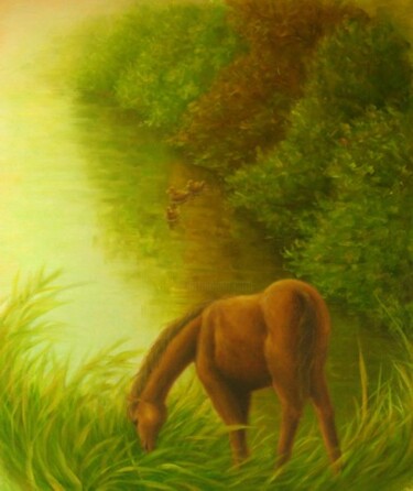 Painting titled "Horse and Ducks" by Kyoko Yamaji, Original Artwork, Oil