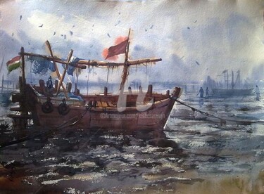 Painting titled "DamanBeach01" by Kishore Singh, Original Artwork, Oil