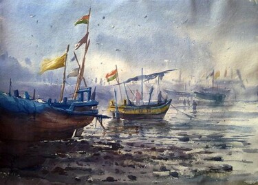 Painting titled "DamanBeach02" by Kishore Singh, Original Artwork, Oil
