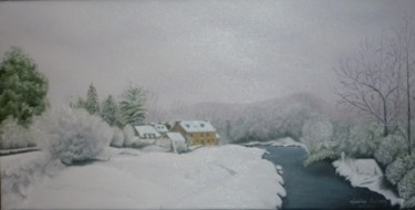 moulin vert sous la neige 29460 hopital-camfrout Peinture intitulée "moulin vert sous la…" par Christian Salaun, Œuvre d'art originale, Huile Monté sur artwork_cat.