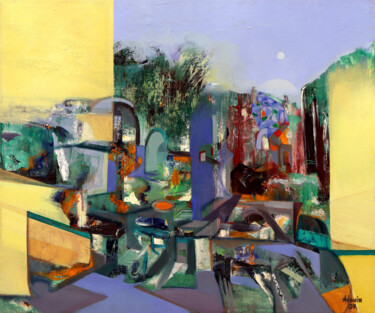 Painting titled "Oasis" by Aeon, Original Artwork, Oil Mounted on Wood Stretcher frame
