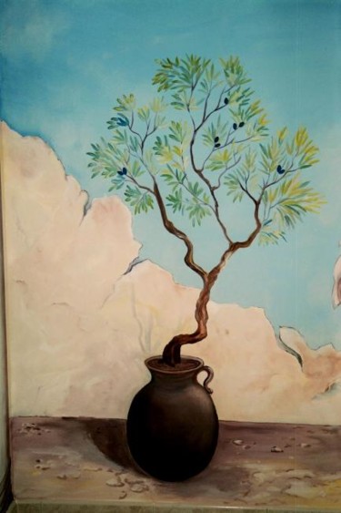 Peinture intitulée "olivier en pot, côt…" par Nanou, Œuvre d'art originale