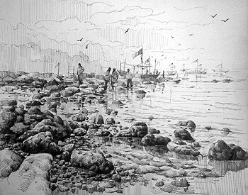Painting titled "Daman_Beach_S1" by Kishore Singh, Original Artwork, Oil