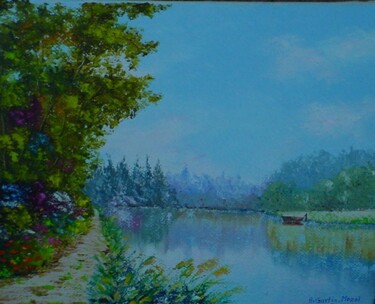 Painting titled "Bord de Sorgue aux…" by Hélène Gastin-Mozol, Original Artwork, Oil