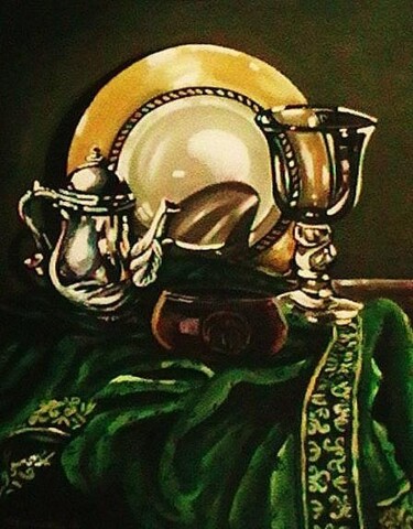 Silver Kattle & Glass Peinture intitulée "Silver Kattle & Gla…" par Marium Khan, Œuvre d'art originale, Huile