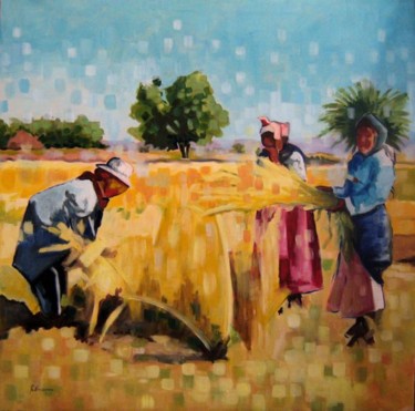 Terre et paysans Peinture intitulée "Terre et paysans" par Rahmouna Boudjellal, Œuvre d'art originale