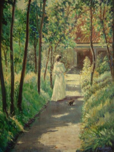 Schilderij getiteld "De zonnige dreef" door Paul Gosselin, Origineel Kunstwerk, Olie