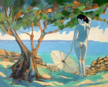 NU Ã L'OMBRELLE Peinture intitulée "NU Ã L'OMBRELLE" par Marcel Clerc, Œuvre d'art originale, Acrylique