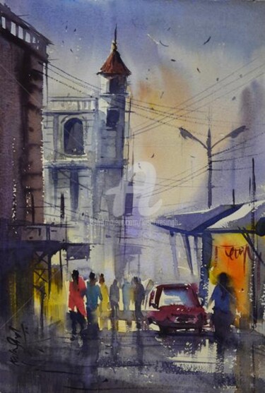 Painting titled "cityscape13" by Kishore Singh, Original Artwork, Oil