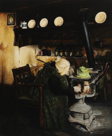 Malerei mit dem Titel "Woman fueling stove" von Jan Teunissen, Original-Kunstwerk, Öl Auf Holzplatte montiert