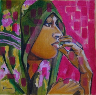 Painting titled "Jeune femme au prof…" by Rahmouna Boudjellal, Original Artwork, Oil