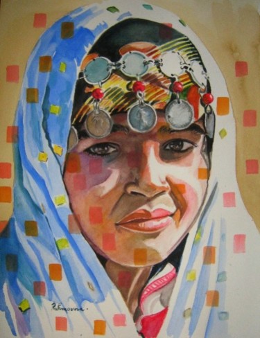 Jeune fille en habille de fête traditionnel Peinture intitulée "Jeune fille en habi…" par Rahmouna Boudjellal, Œuvre d'art originale