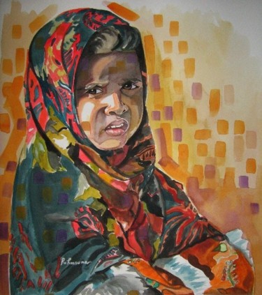 Petite fille du désert Peinture intitulée "Petite fille du dés…" par Rahmouna Boudjellal, Œuvre d'art originale