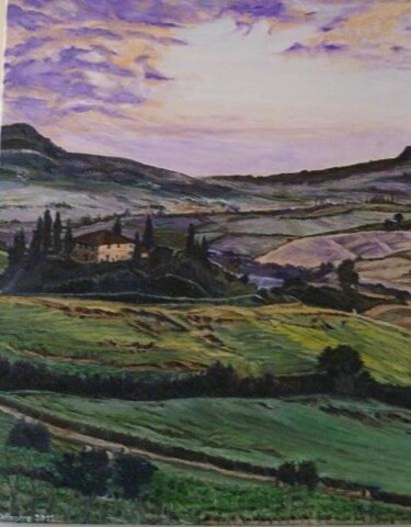Peinture intitulée "Toscane au couchant" par Jeanne-Marie Delbarre, Œuvre d'art originale, Huile