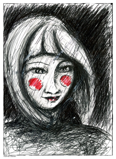 Fille de la Pluie Dessin intitulée "Fille de la Pluie" par Karine Garelli (Reds Robin), Œuvre d'art originale, Stylo à bille