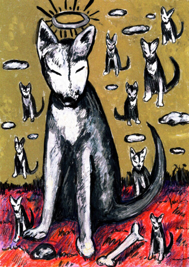 Dogs Paradize Dessin intitulée "Dogs Paradize" par Karine Garelli (Reds Robin), Œuvre d'art originale, Gouache