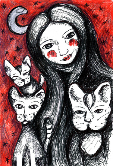 La Fille des Chats Dessin intitulée "La Fille des Chats" par Karine Garelli (Reds Robin), Œuvre d'art originale, Stylo à bille