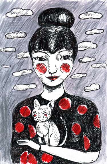 La Fille du Chat Dessin intitulée "La Fille du Chat" par Karine Garelli (Reds Robin), Œuvre d'art originale, Marqueur