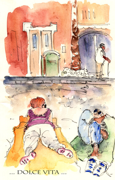 Painting titled "Dolce Vita on The I…" by Miki De Goodaboom, Original Artwork, Watercolor