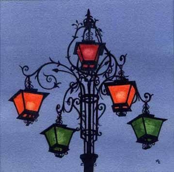 Painting titled "Street Lamps" by Marsha Elliott, Original Artwork