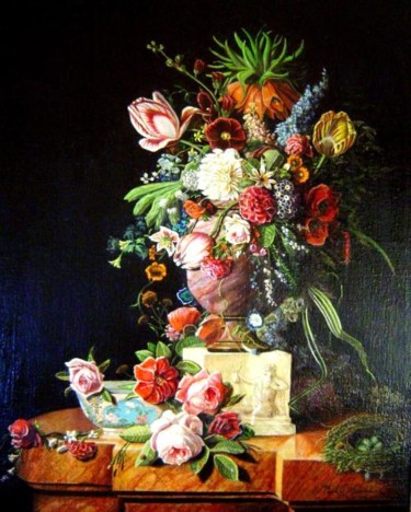 Schilderij getiteld "Bloemstuk op marmer…" door Paul Gosselin, Origineel Kunstwerk, Anders