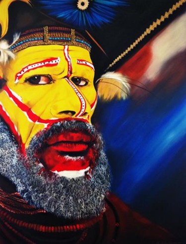 Painting titled "Huli Warrior, PNG" by Penelope Casey, Original Artwork, Oil