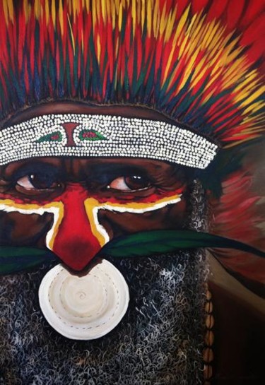 Painting titled "PNG Warrior" by Penelope Casey, Original Artwork, Oil
