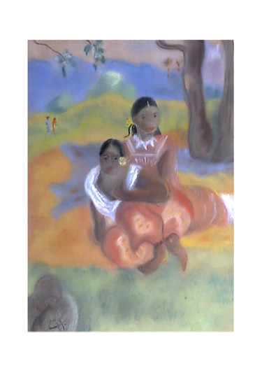 Femmes assises sur l herbe Peinture intitulée "Femmes assises sur…" par Cathart, Œuvre d'art originale, Pastel