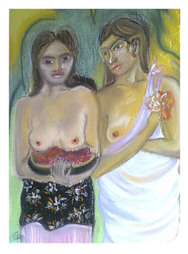 femmes aux fleurs et fruits Peinture intitulée "femmes aux fleurs e…" par Cathart, Œuvre d'art originale, Pastel