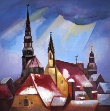 Painting titled "Old Riga roofs in w…" by Laine Kainaize, Original Artwork, Oil