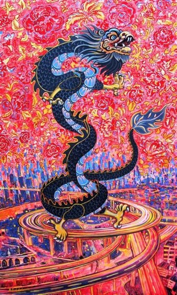 Painting titled "Dragon Shanghai Flo…" by Andrey Soldatenko, Original Artwork, Oil