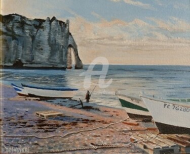 Peinture intitulée "Crépuscule à Etretat" par Desnoyers, Œuvre d'art originale, Huile